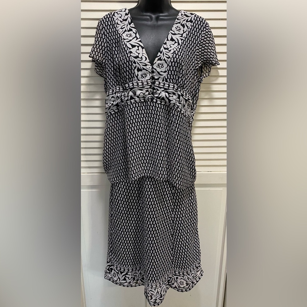 Notations Black/White Chiffon Blouse & Skirt Outfit Lined‎ Floral Geo Size M/L